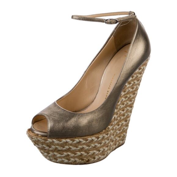 Giuseppe Zanotti Bronze Gold Peep Toe Platform Wedge Ankle Wrap Shoe Sz EU 37 - Picture 5 of 5